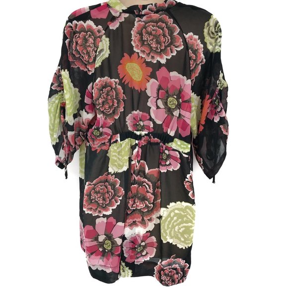 Cabi Womens Black Multi Colored Sheer Deep V Neck Floral Print Blouse M - Picture 2 of 6
